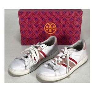 Tory Burch White Leather Sneakers Pink Accents Womens Size 6M Casual‎